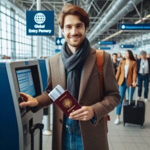 A imagem criada pela Inteligência Artificial Sara simulando um usuário fazendo uso de uma máquina do Global Entry na entrada em um aeroporto na imigração dos Estados Unidos.