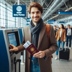A imagem criada pela Inteligência Artificial Sara simulando um usuário fazendo uso de uma máquina do Global Entry na entrada em um aeroporto na imigração dos Estados Unidos.