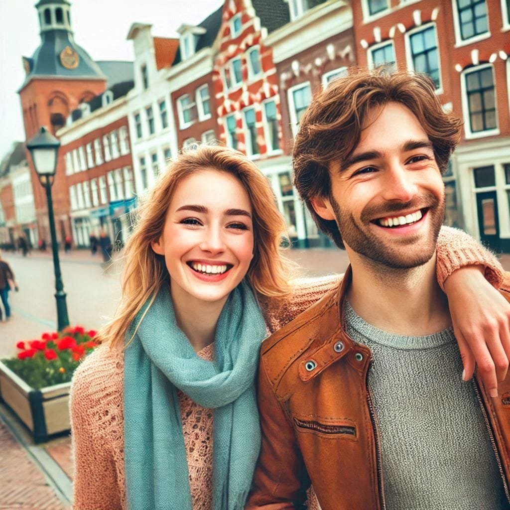 Casal viajando feliz por Vaals na Holanda para conhecer o Drieledunpunt.