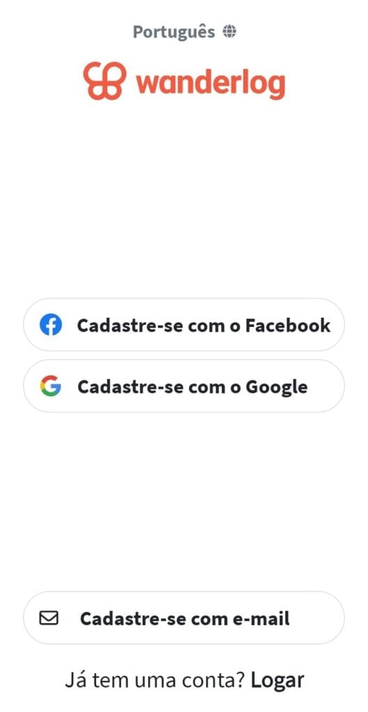 Tela de login do aplicativo Wanderlog