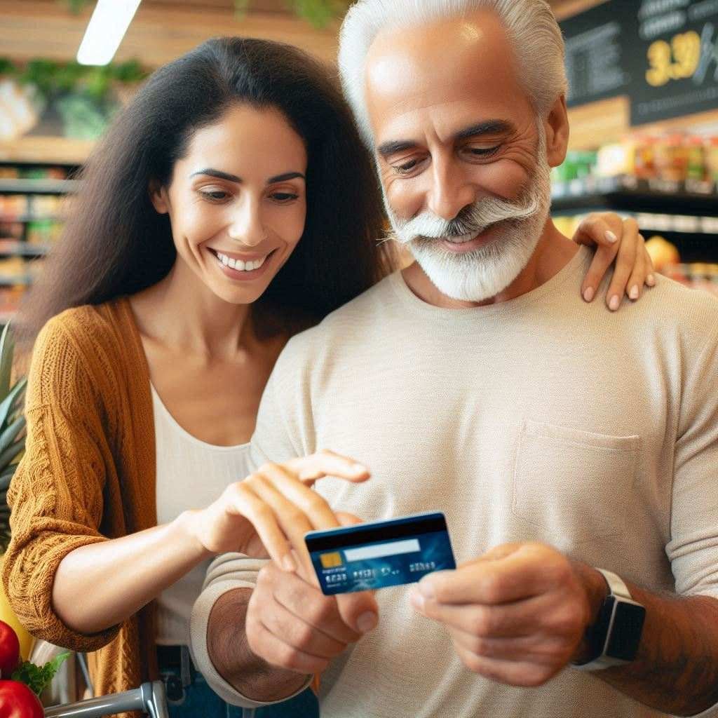 Casal usando um cartão de débito internacional em viagem em um supermercado na Europa