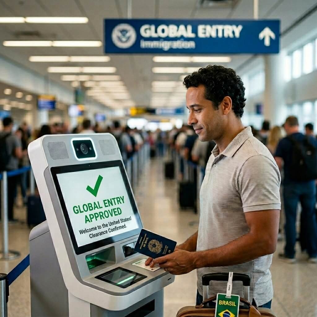Homem brasileiro sorri ao ser aprovado no quiosque do Global Entry em um aeroporto nos EUA. Ele segura um passaporte brasileiro aberto, e a tela do terminal moderno exibe a mensagem "✓ GLOBAL ENTRY APPROVED" em verde. Ele veste uma camisa polo cinza e está ao lado de uma mala de viagem com a tag "BRASIL". Ao fundo, filas de imigração e um terminal movimentado.