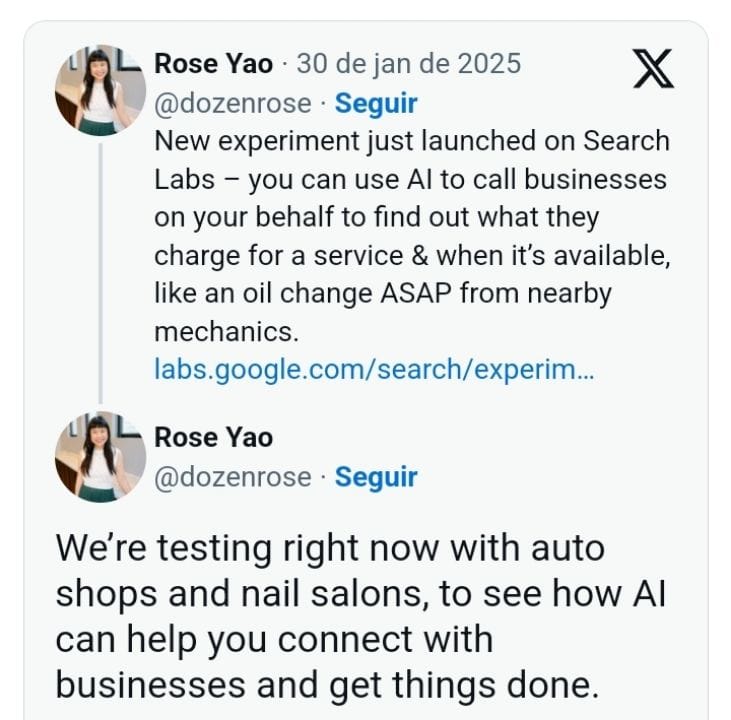 Rose Yao, líder de produtos do Google anuncia no X o teste da ferramenta Ask for Me