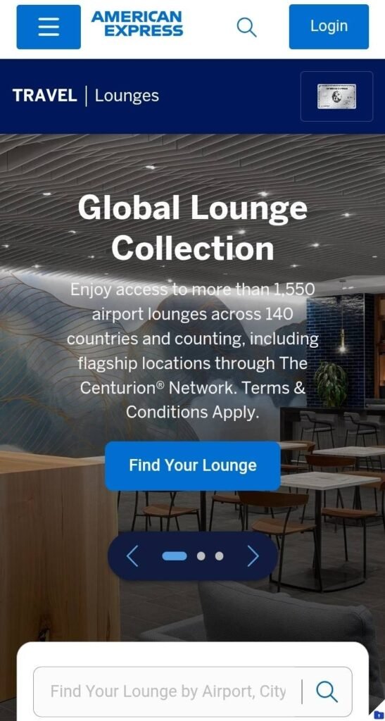 Captura de tela do site Global Lounge Collection da American Express 