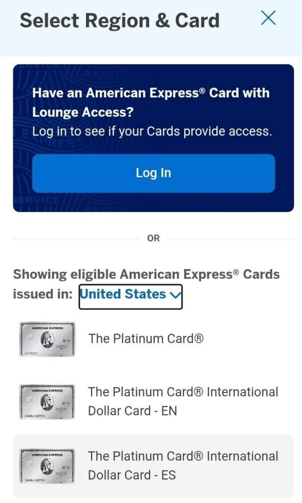Captura de tela do site Global Lounge Collection da American Express 