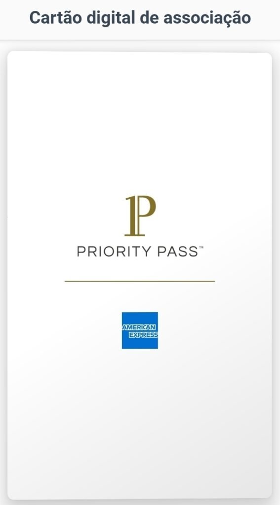 Captura de tela do aplicativo Priority Pass vinculado a um cartão American Express 