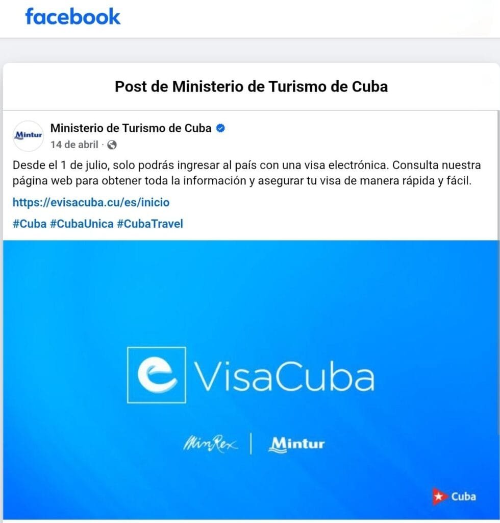 Aviso do Ministério do Turismo de Cuba sobre a obrigatoriedade de Emissão de visto eletrônico para visitar o país.