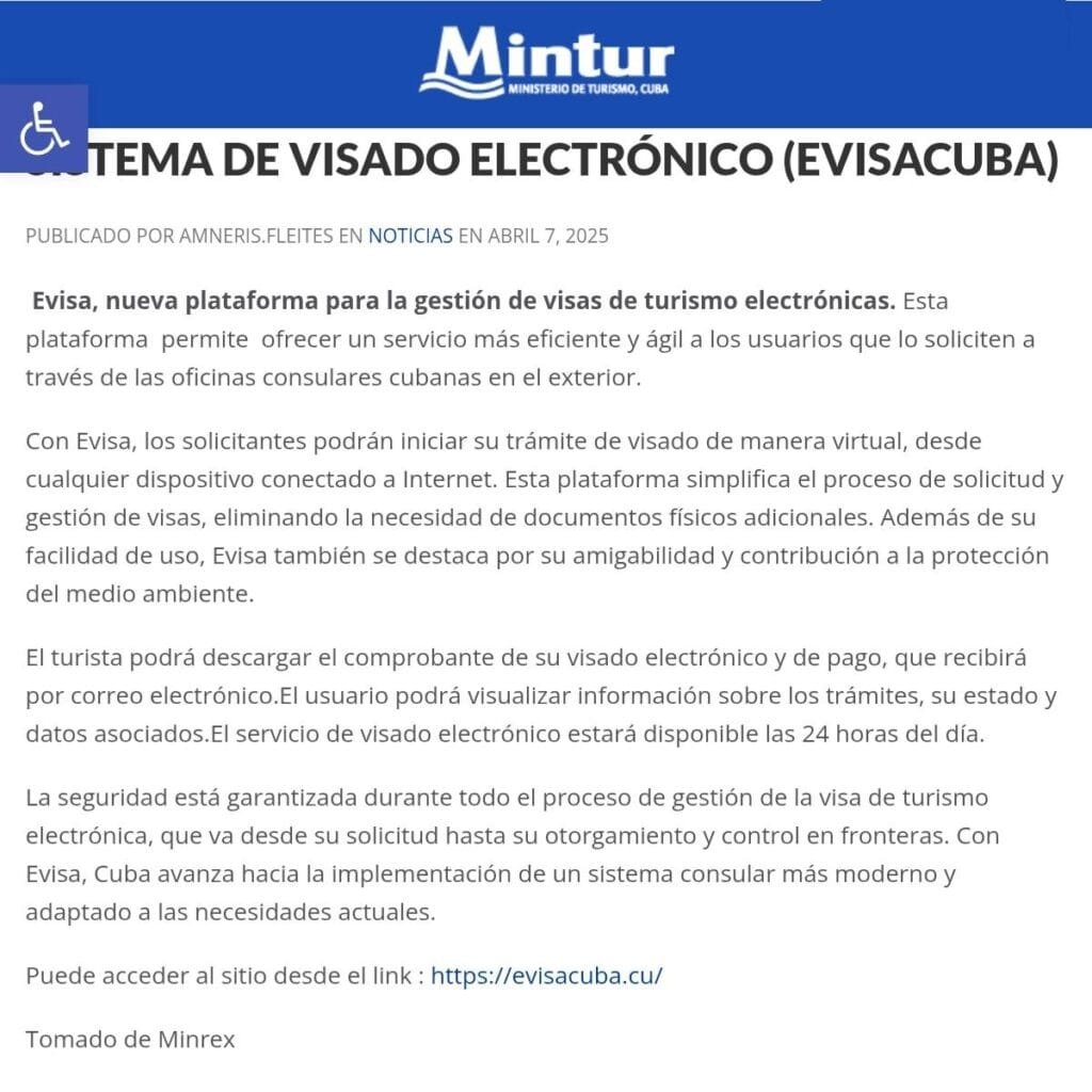 Captura de tela do website do Ministério do Turismo de Cuba sobre a implantação do visto eletrônico 