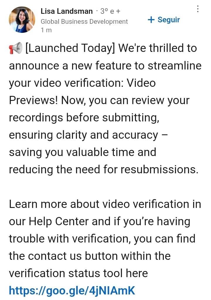 Captura de tela do LinkedIn de Lisa Landsman, colaboradora do Google onde ela anuncia nova ferramenta na verificação de vídeo para Perfis da Empresa no Google Meu Negócio.