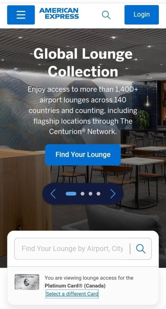 Captura e tela do site American Express para pesquisar lounges para cartões emitidos em outros países