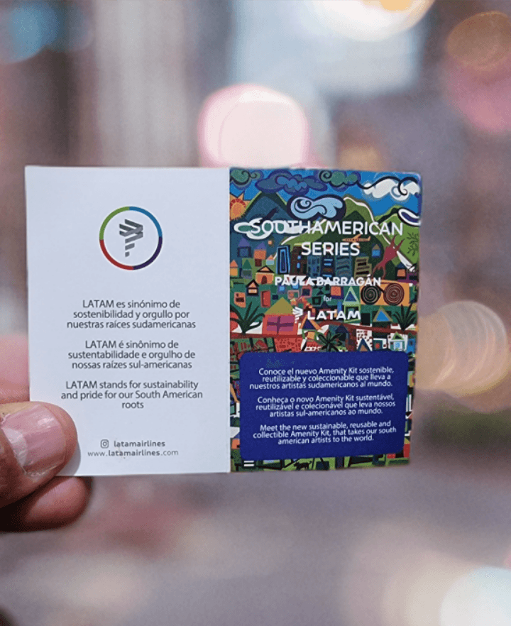 Cartão de apresentação da nova série de kit de amenidades da Latam South American