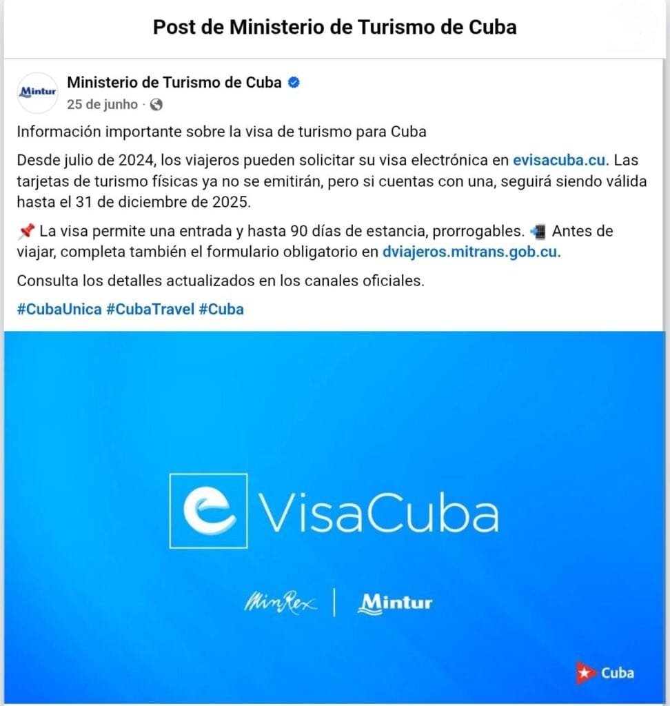 Captura de tela do aviso do Facebook do governo cubano, Ministério do Turismo sobre a prorrogação do Cartão Turista até 31 de dezembro de 2025