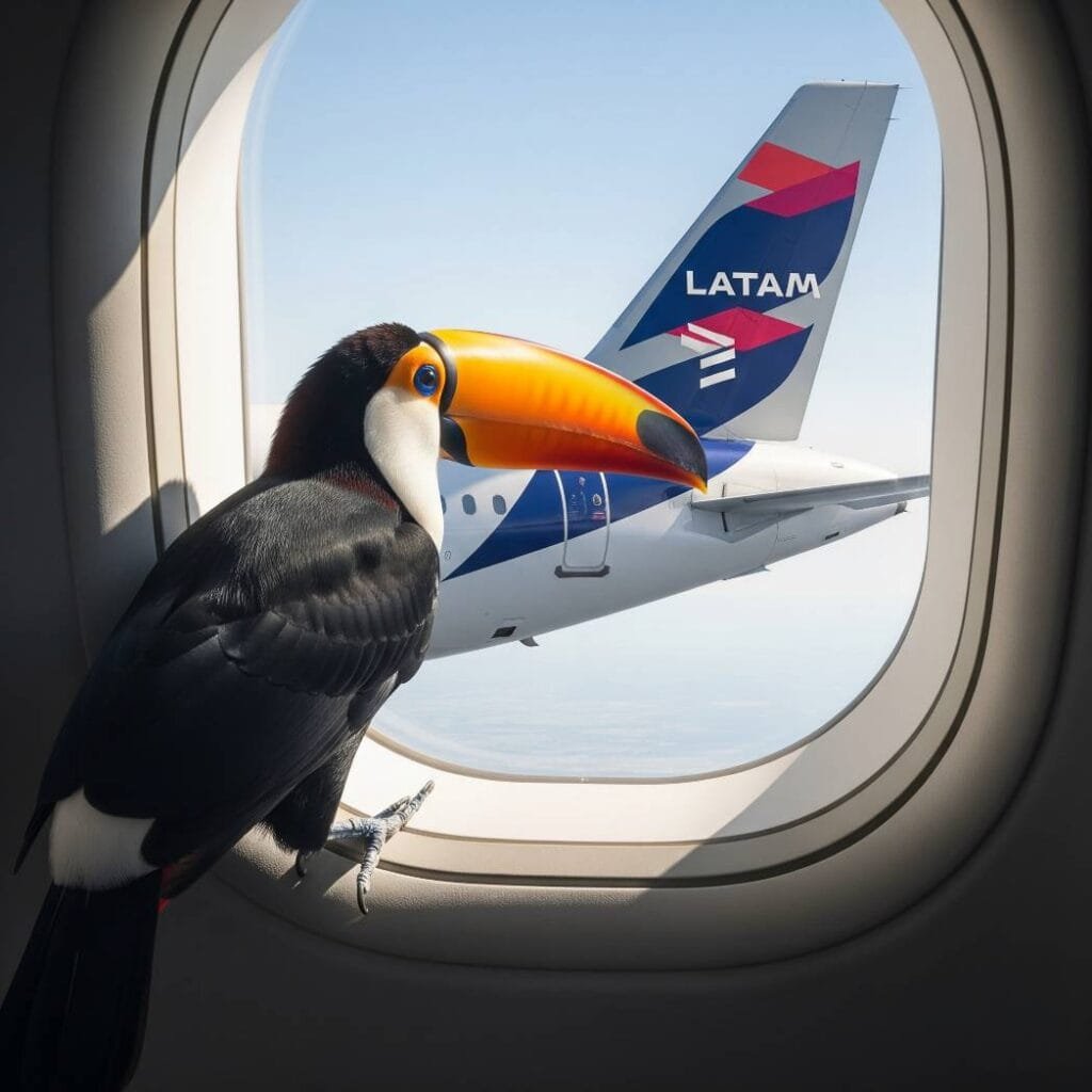 Tucano viajando de avião Latam