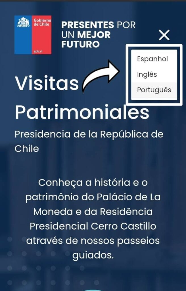 Menu para alterar o idioma no site Visitas Patrimoniales