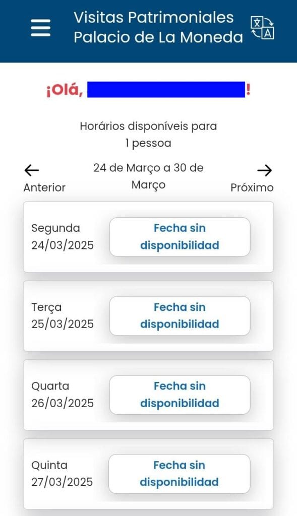 Calendário para agendar horários no website Visitas Patrimoniales