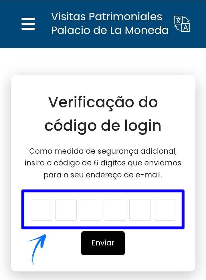 Campo para inserir códigos de confirmação no site Visitas Patrimoniales