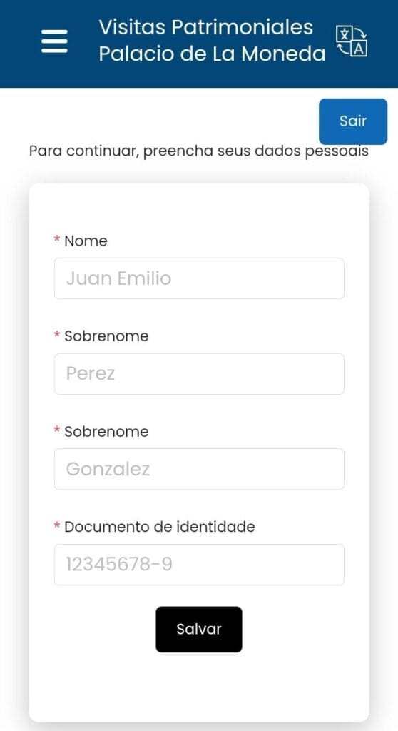 Campos para cadastro de dados pessoais no website Vistas Patrimoniales