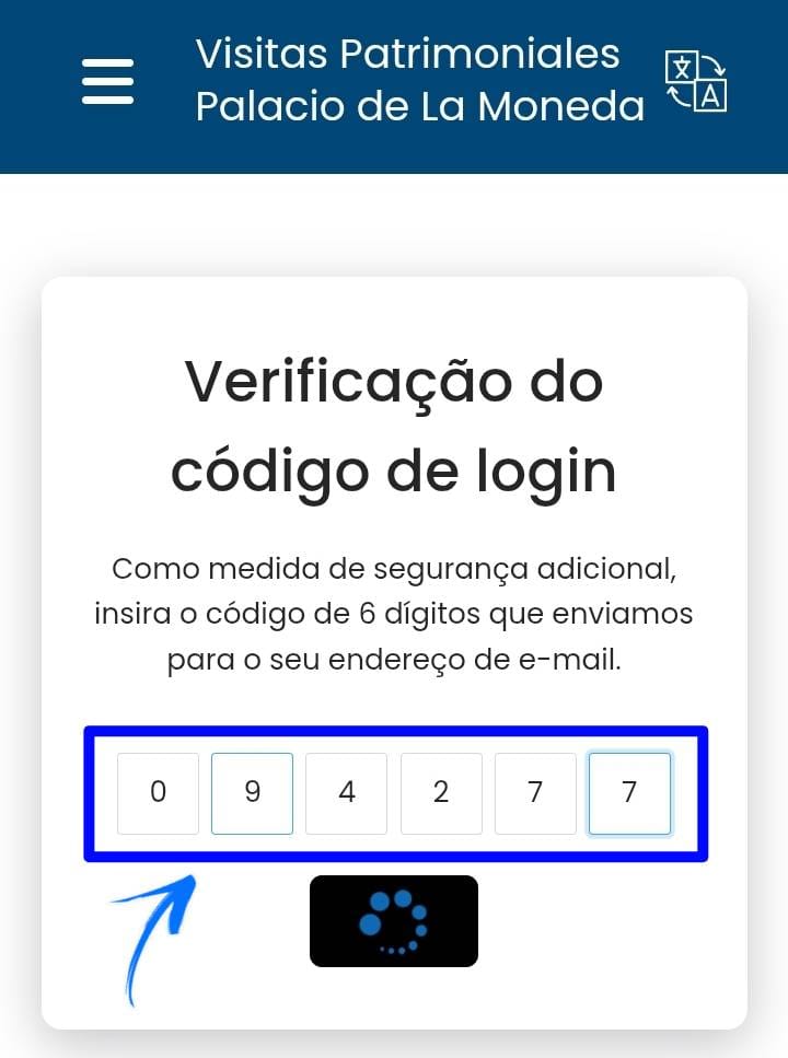 Campo para inserir códigos de confirmação no site Visitas Patrimoniales