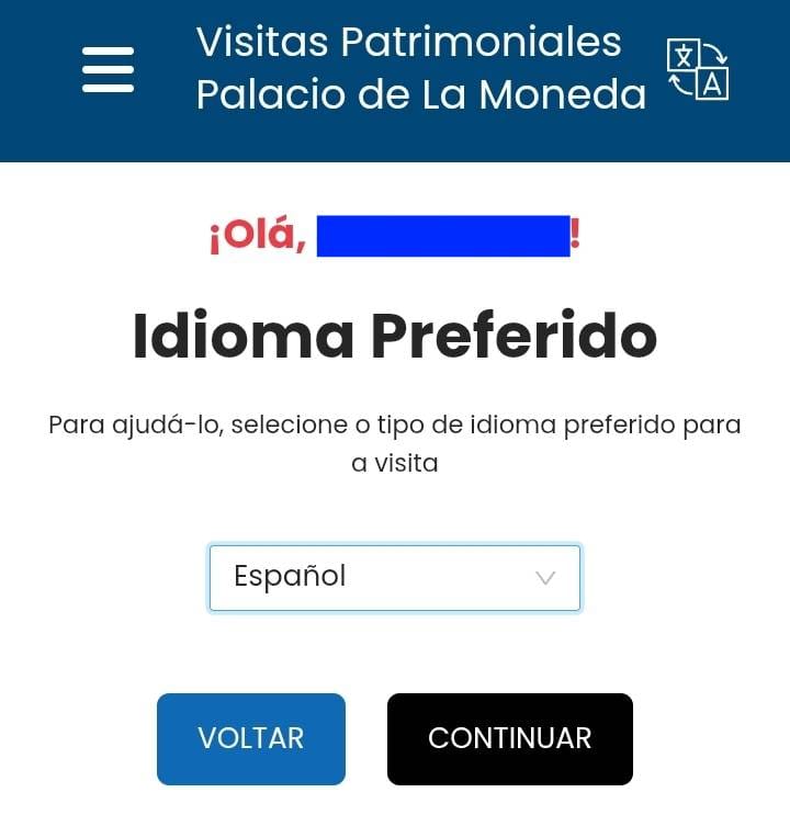 Tela para escolher o idioma da visita guiada no Palácio La Moneda