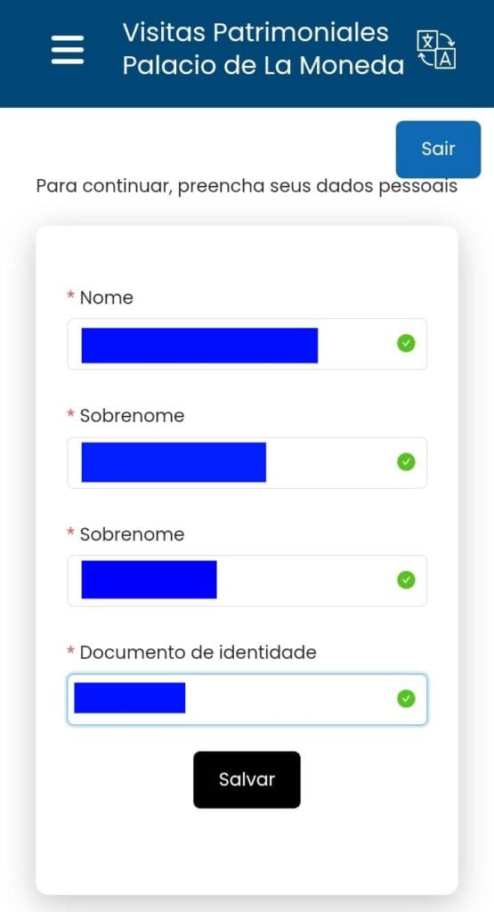 Cadastro de dados pessoais no website Visitas Patrimoniales
