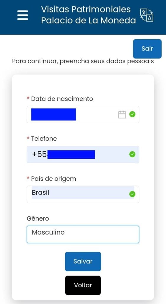 Segundo página do formulário para inserir dados pessoais no website Visitas Patrimoniales