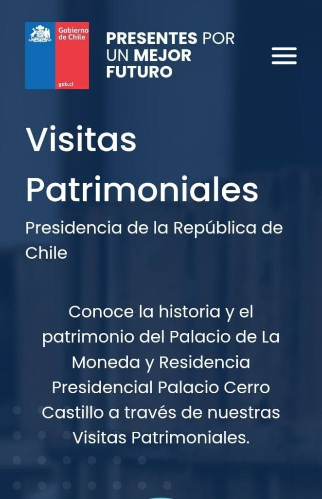 Tela inicial do site Visitas Patrimoniales. É neste site que se faz o agendamento de horários para entrar no Palácio Lá Moneda