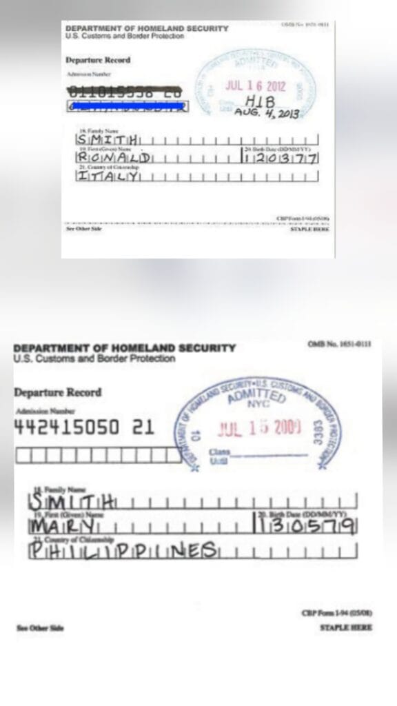 Modelo em papel do formulário I-94 que era aposto no passaporte pela imigração norte americana.