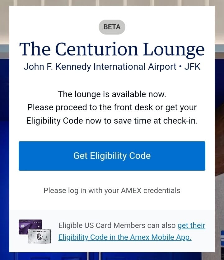 Captura parcial da tela de disponibilidade e da fila virtual da Sala Amex no JFK, Terminal 4