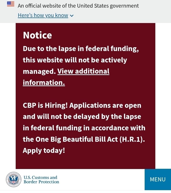Captura de tela da página inicial do CBP com informações sobre o shutdow.