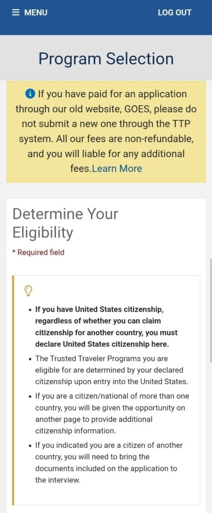 Capturas de tela demonstra a impossibilidade de se inscrever no Global Entry