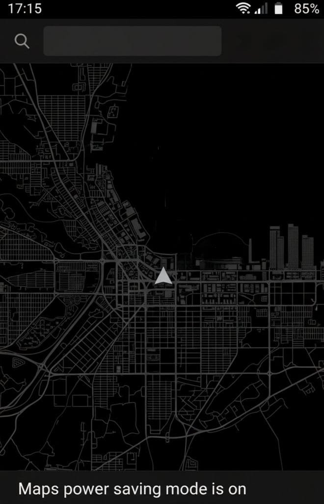 Captura de tela do Google Mapas no modo teste preto e branco para economizar bateria.