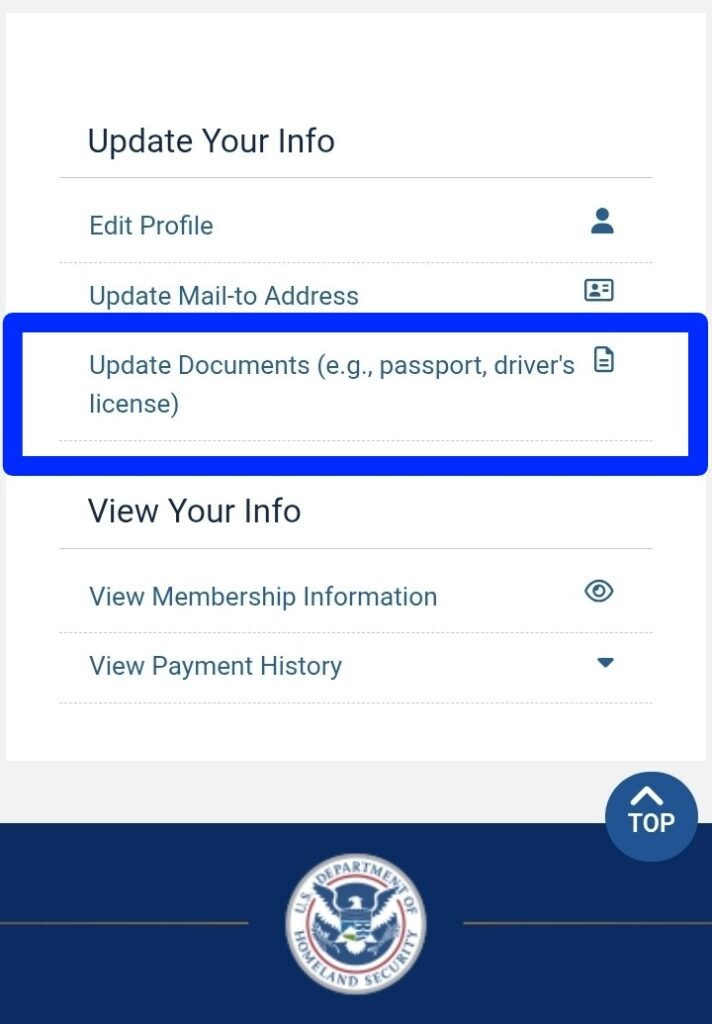 Captura de tela indica como atualizar seus documentos como passaporte, visto e outros no painel do Global Entry