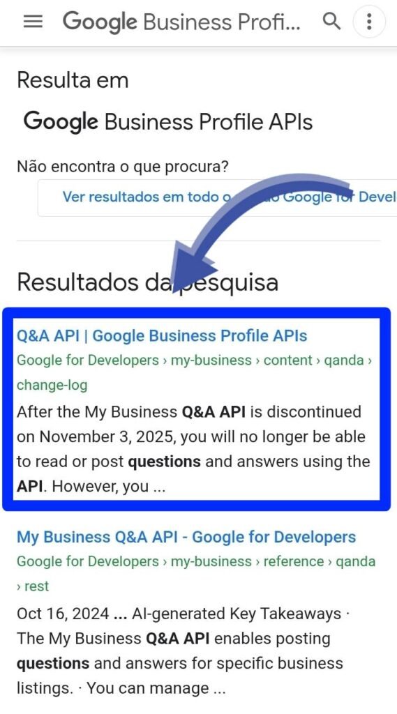 Captura de tela da documentação de API do Google onde consta informações de desativação do recurso Perguntas e Respostas