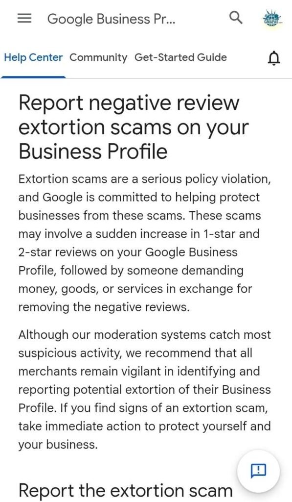 Captura de tela mostra a documentação em inglês e em português brasileiro na Central de Ajuda do Perfil da Empresa do Google, que explica o novo formulário para denunciar tentativas de extorsão contra empresas por meio de avaliações falsas.
