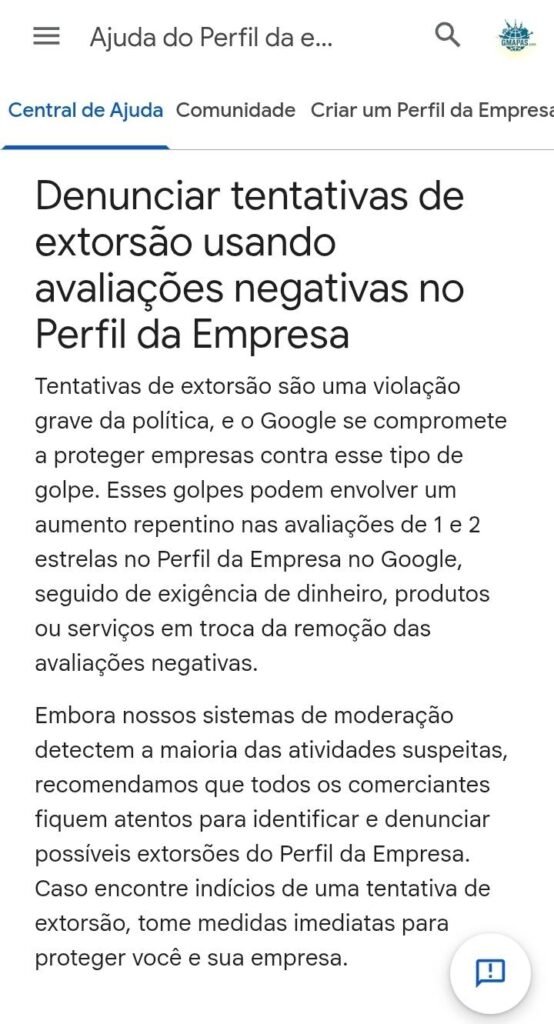 Captura de tela mostra a documentação em inglês e em português brasileiro na Central de Ajuda do Perfil da Empresa do Google, que explica o novo formulário para denunciar tentativas de extorsão contra empresas por meio de avaliações falsas.
