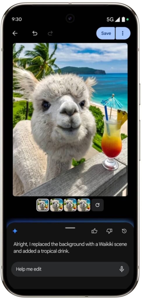 Captura de tela da nova funcionalidade De editar fotos com conversa no Google Fotos