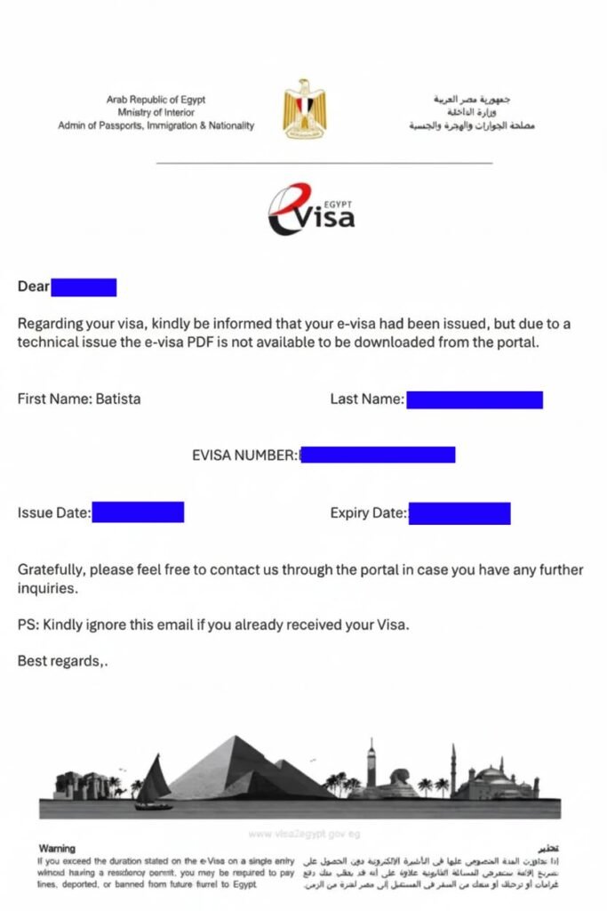 Cópia do certificado digital enviado pelo Egito a solicitantes de vistos que não estão tendo acesso ao portal oficial e-Visa