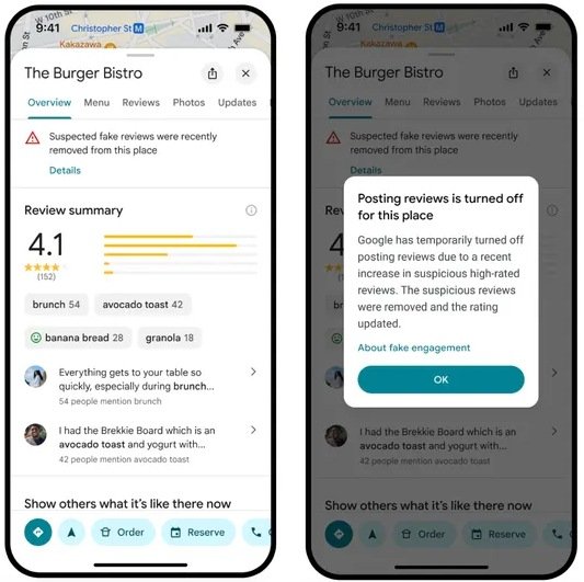 Captura de tela de exemplo de aviso em empresa que usa avaliações falsas em seu perfil.