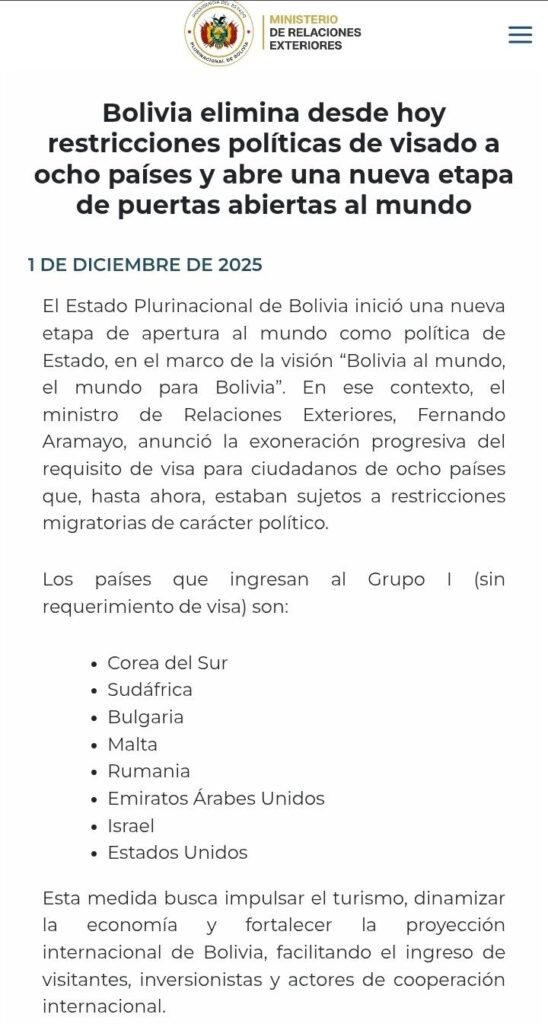 Captura de tela parcial do anúncio de eliminação de visto de viagem boliviano para oito países.