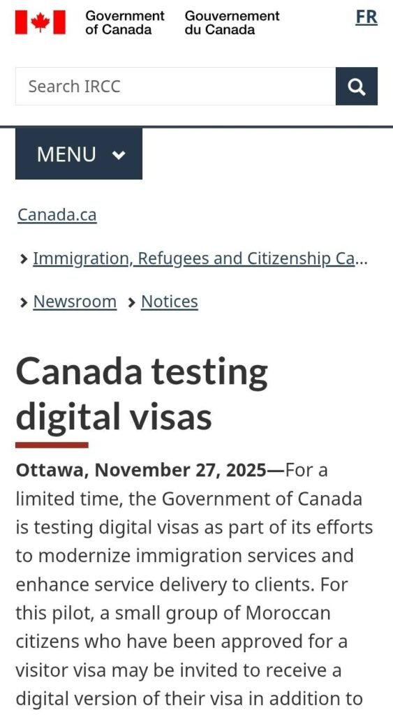 Captura de tela parcial do anúncio do Governo do Canadá sobre o teste de vistos digitais.