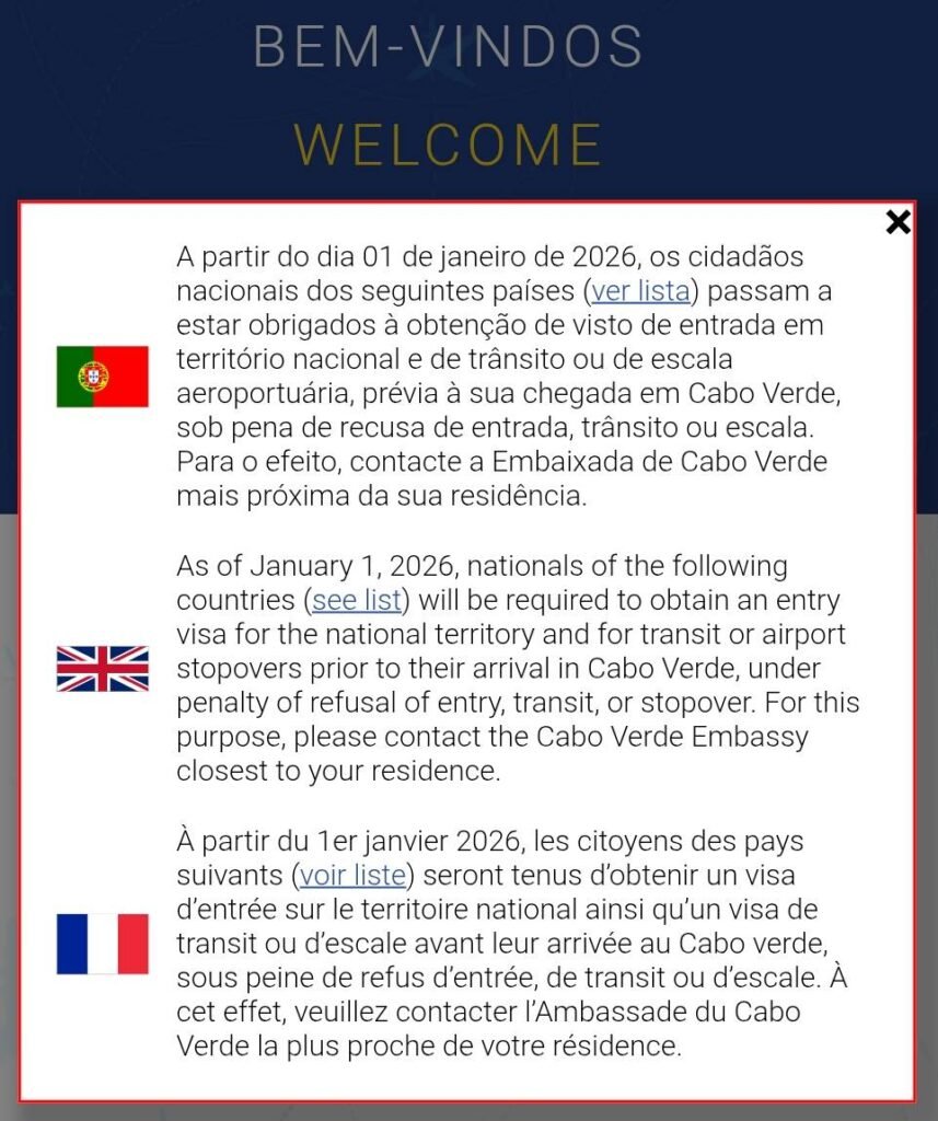 Captura de tela do site oficial do Governo de Cabo Verde com aviso sobre a necessidade de obter vistos para visitar o país.