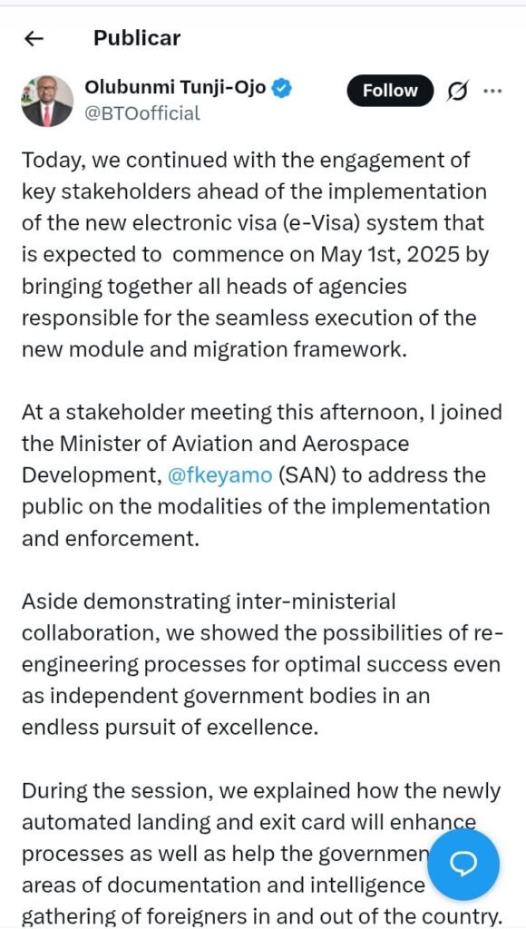Captura de tela parcial de publicação do Ministério do Interior da Nigéria Olubunmi Tunji-Ojo anunciado o lançamento do visto digital, e-Visa.