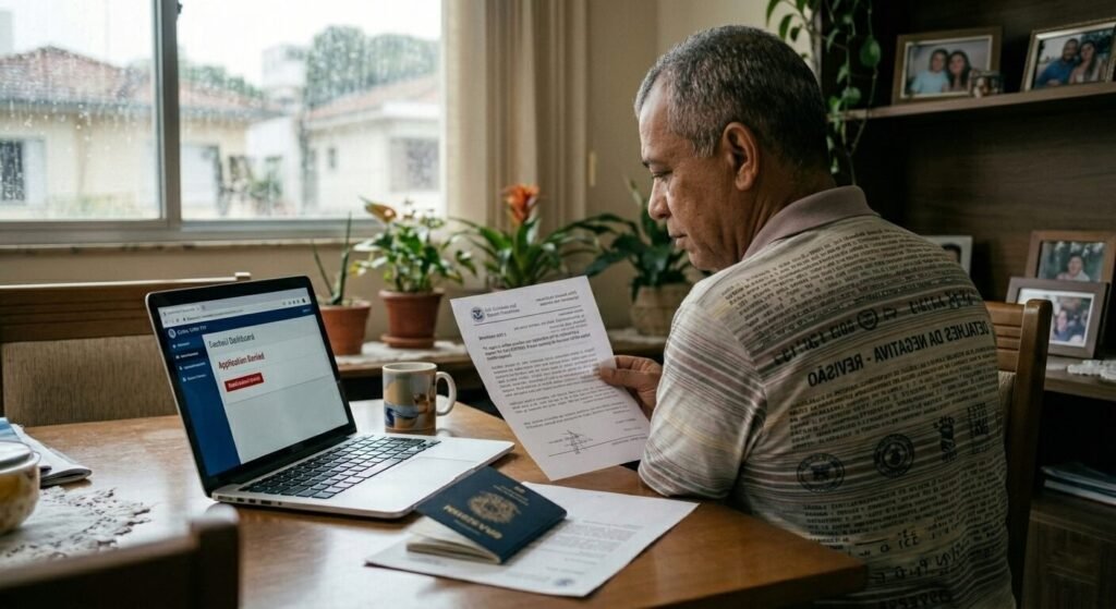 Homem brasileiro de meia-idade sentado à mesa, com expressão de preocupação, segurando uma carta de negativa do Global Entry. À sua frente, um notebook exibe o portal TTP com o status "Application Denied", ao lado de um passaporte brasileiro. As costas de sua camisa estão cobertas por textos e códigos burocráticos confusos, simbolizando o peso do processo.