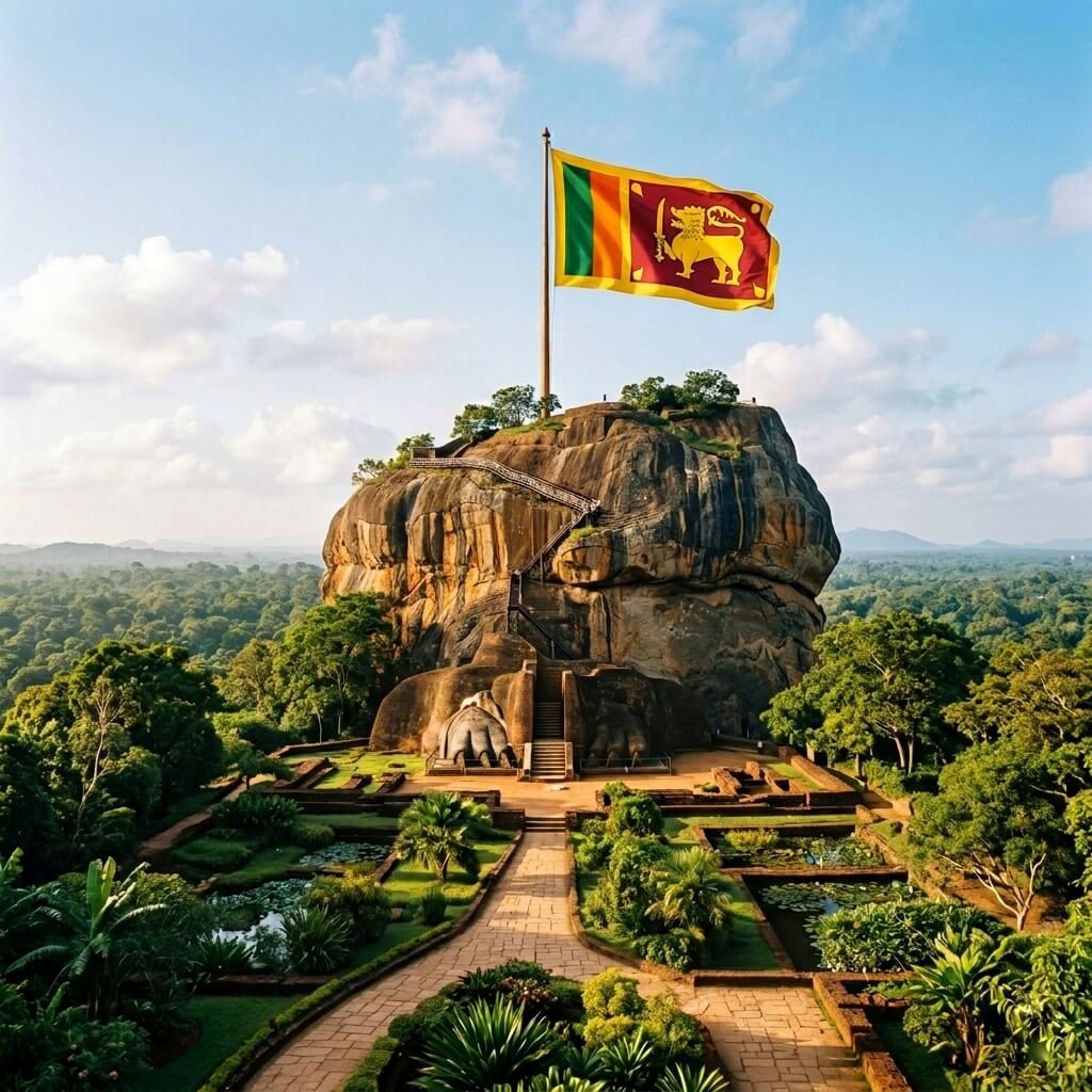 Vista aérea da Rocha de Sigiriya no Sri Lanka com a bandeira nacional tremulando no topo, cercada por jardins históricos e floresta tropical.
